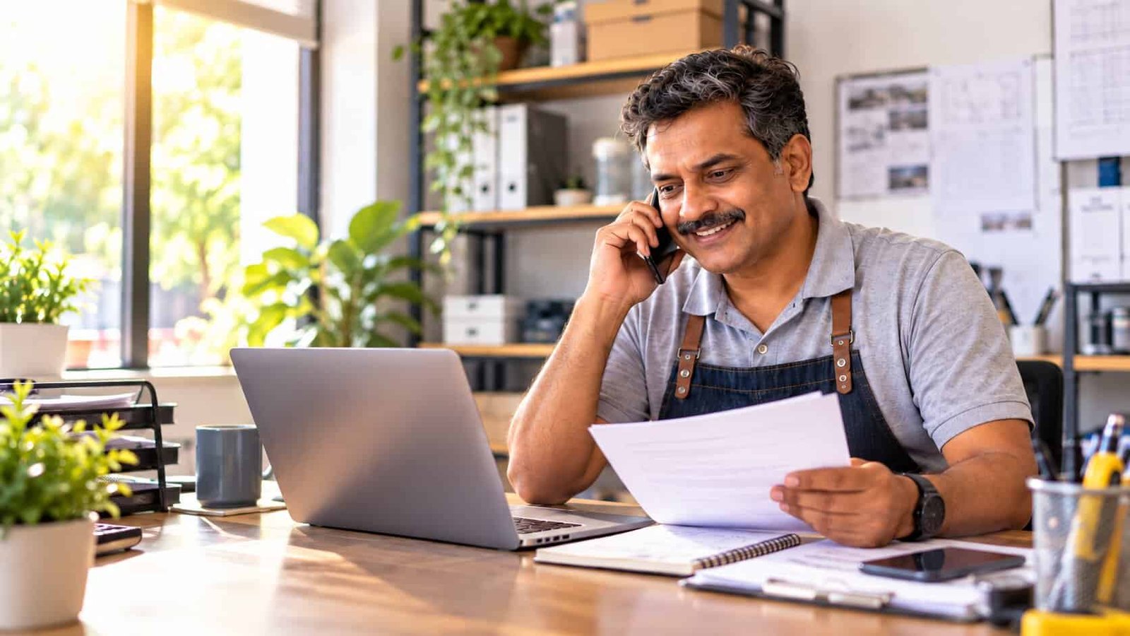 Business owner on the phone, quote in hand